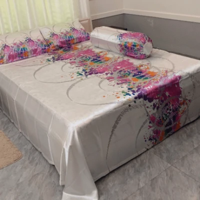 Blue & Green Multi Print-Premium Textile Printed Satin Silk Bed Sheet & Pillow Caver Set