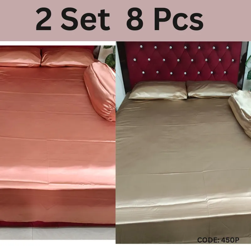 2 Set (8 Pcs) Satin Silk Bed Set- Any color can choose