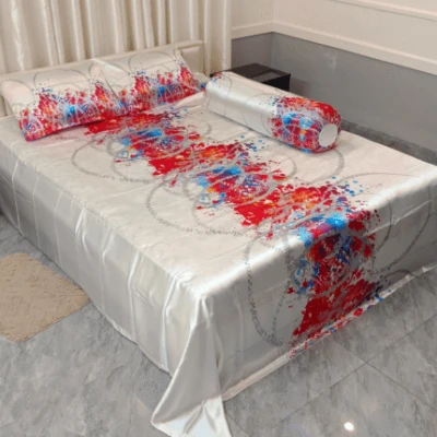Red & Orange Multi Print-Premium Textile Printed Satin Silk Bed Sheet & Pillow Caver Set