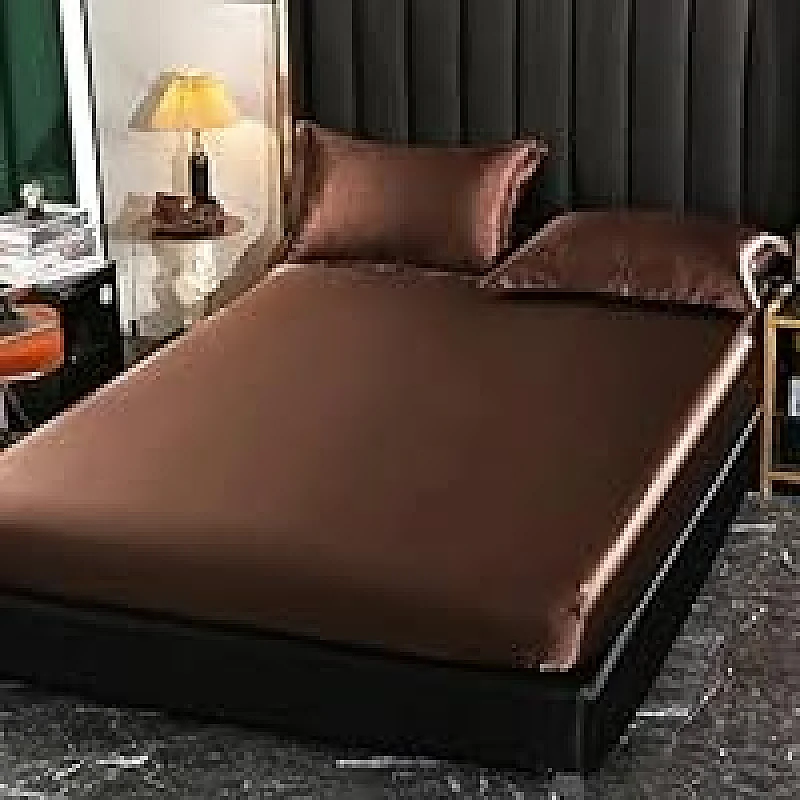1 Set (4 Pcs) Satin Silk Bed Set- Color: Dark Chocolate Brown