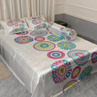 Nokshi Multi Print-Premium Textile Printed Satin Silk Bed Sheet & Pillow Caver Set