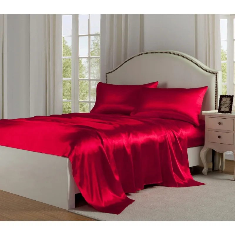 1 set (4 Pcs) Satin Silk Bed Set- Color: Red